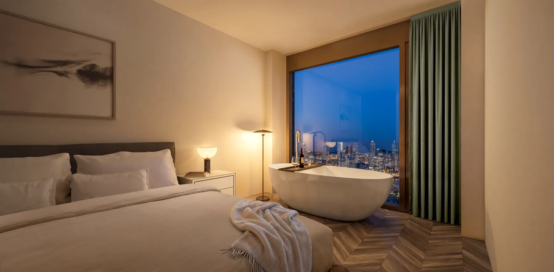Apartment interior with panoramic city view at sunset